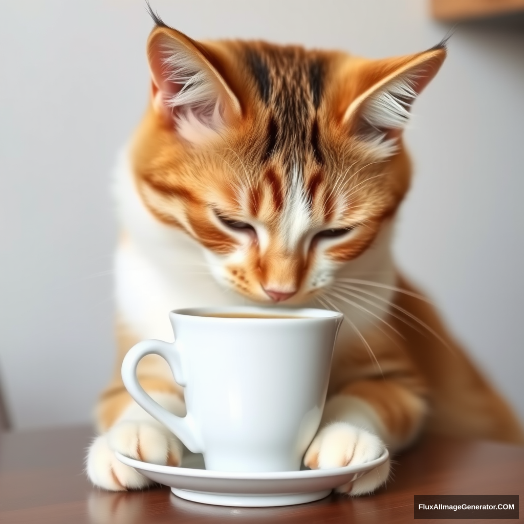 A cat drinks coffee.