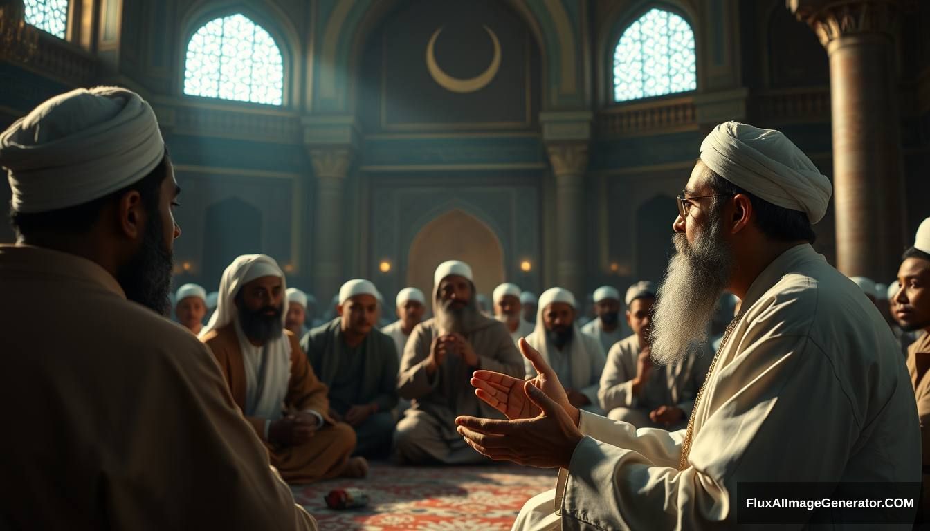 Prophet Muhammad (SAW) addressing his companions in a mosque, explaining the signs of Dajjal. The scene is filled with calm yet serious expressions, emphasizing the importance of the message. Ultra HD, realistic, respectful, with soft and cinematic lighting. - Image