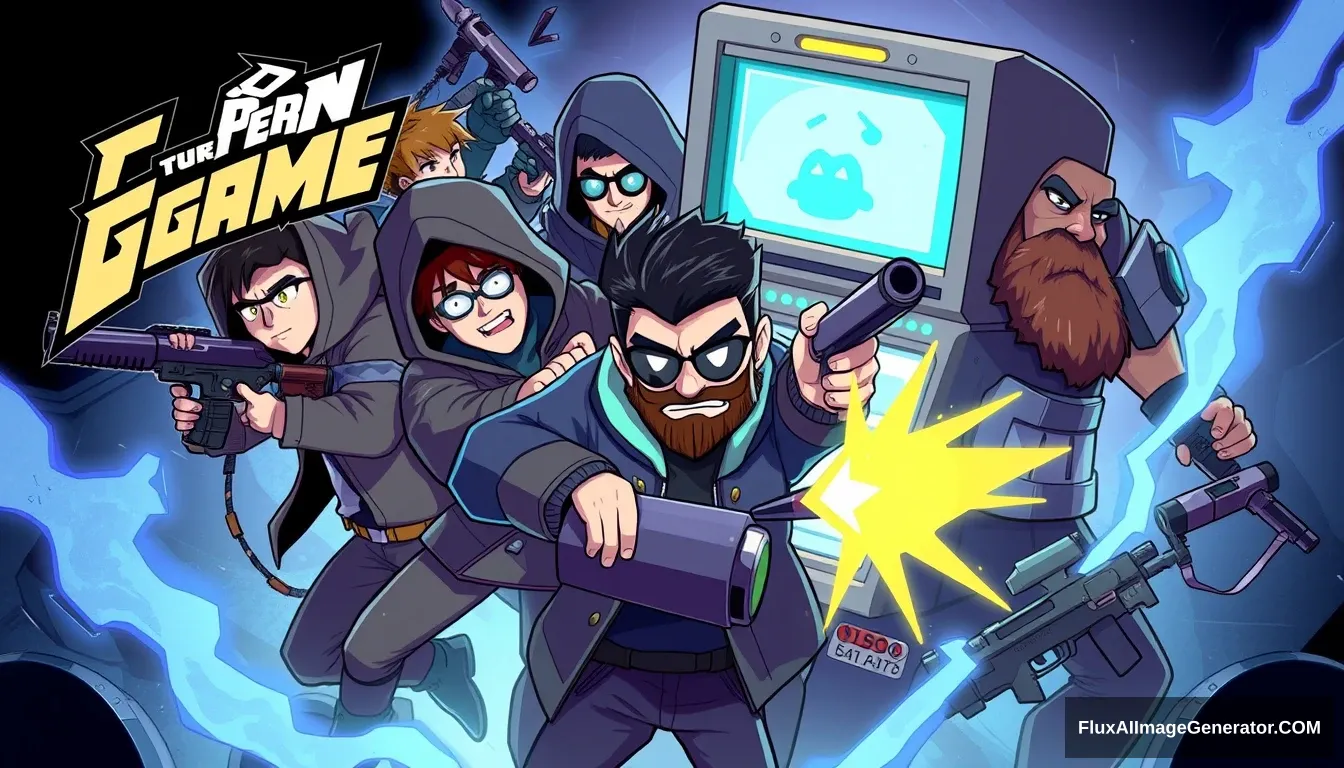 Game poster, logo, cel-shaded art, several characters are battling around a game machine, jacket, weapon, multiple boys, hood, facial hair, sunglasses, crossover, robot, beard, science fiction, 6+ boys.