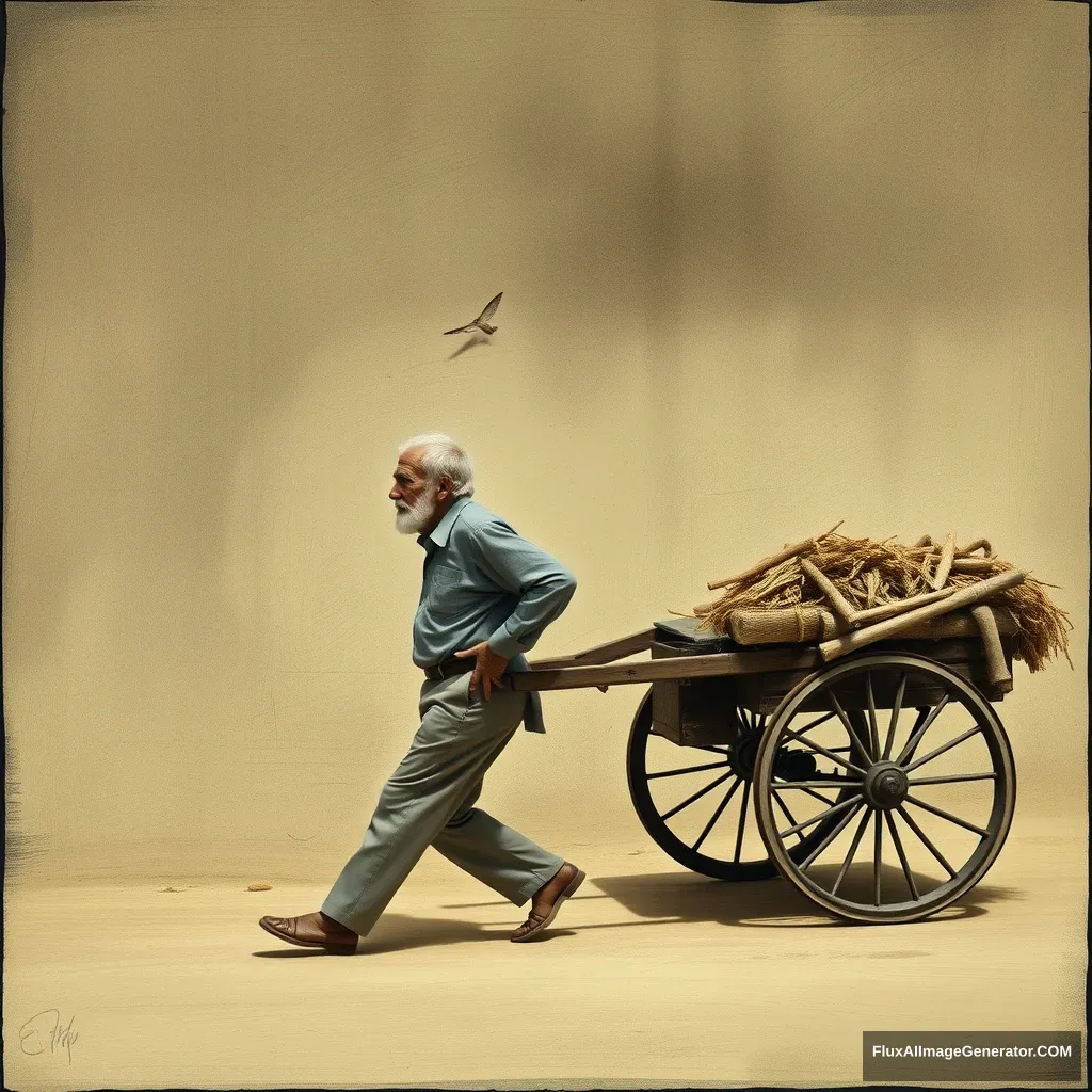 "The old man pushes the cart."