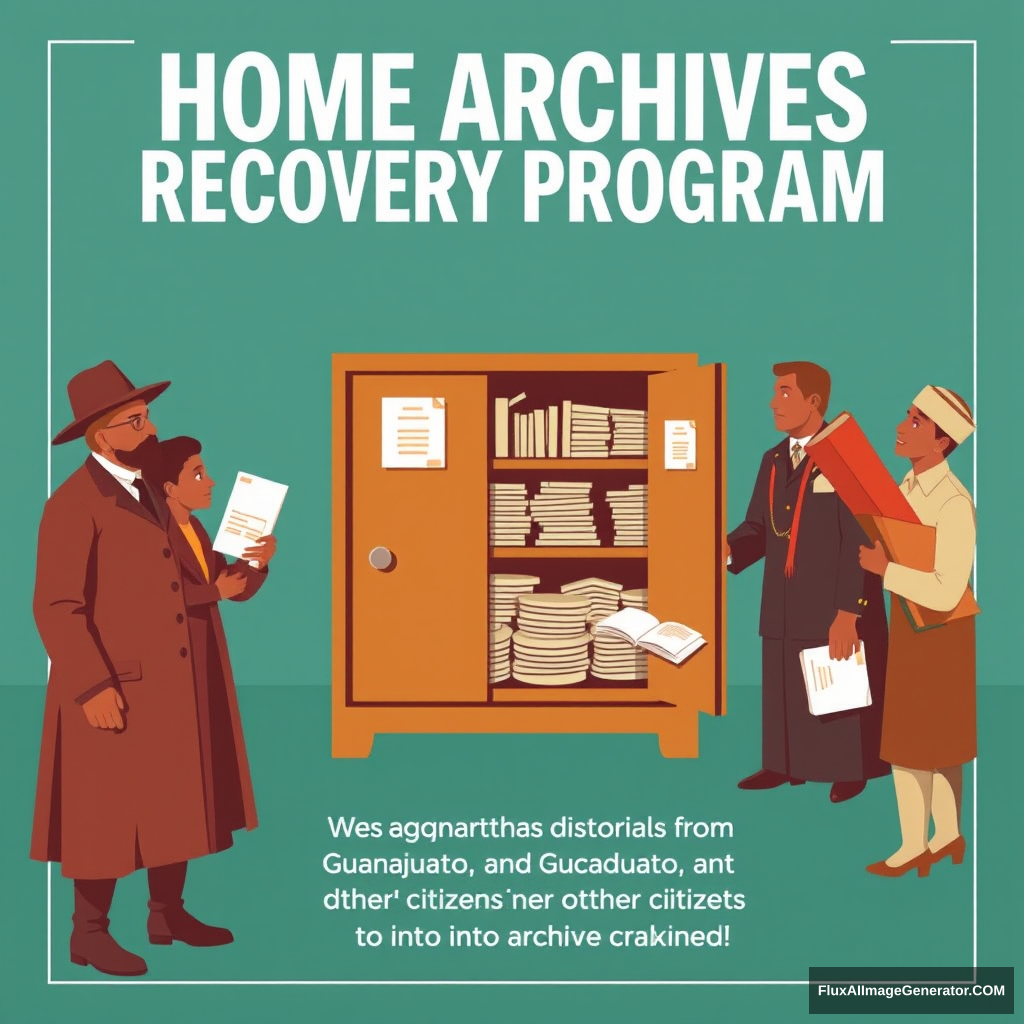 Make a promotional poster for a program called: Home Archives Recovery Program. The poster should depict historical figures from Guanajuato and other citizens depositing documents into an archive cabinet.