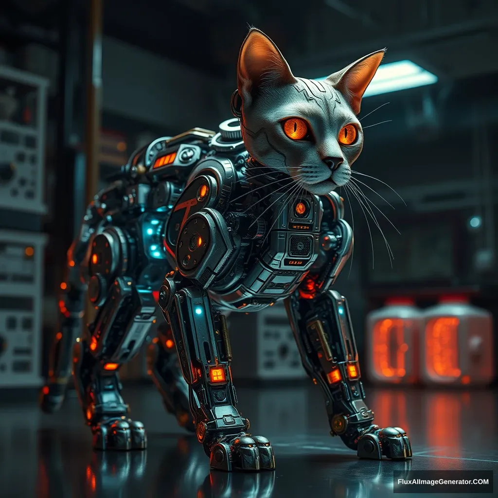 A biomechanical feline cyborg, its legs intricately exposed, revealing a mesmerizing array of glistening gears and pulsating circuits. Hyper-realistic rendering captures every minute detail, from oil-slicked metal to flickering LED lights. Set in a dimly lit laboratory, the cat's eyes glow with eerie intelligence.