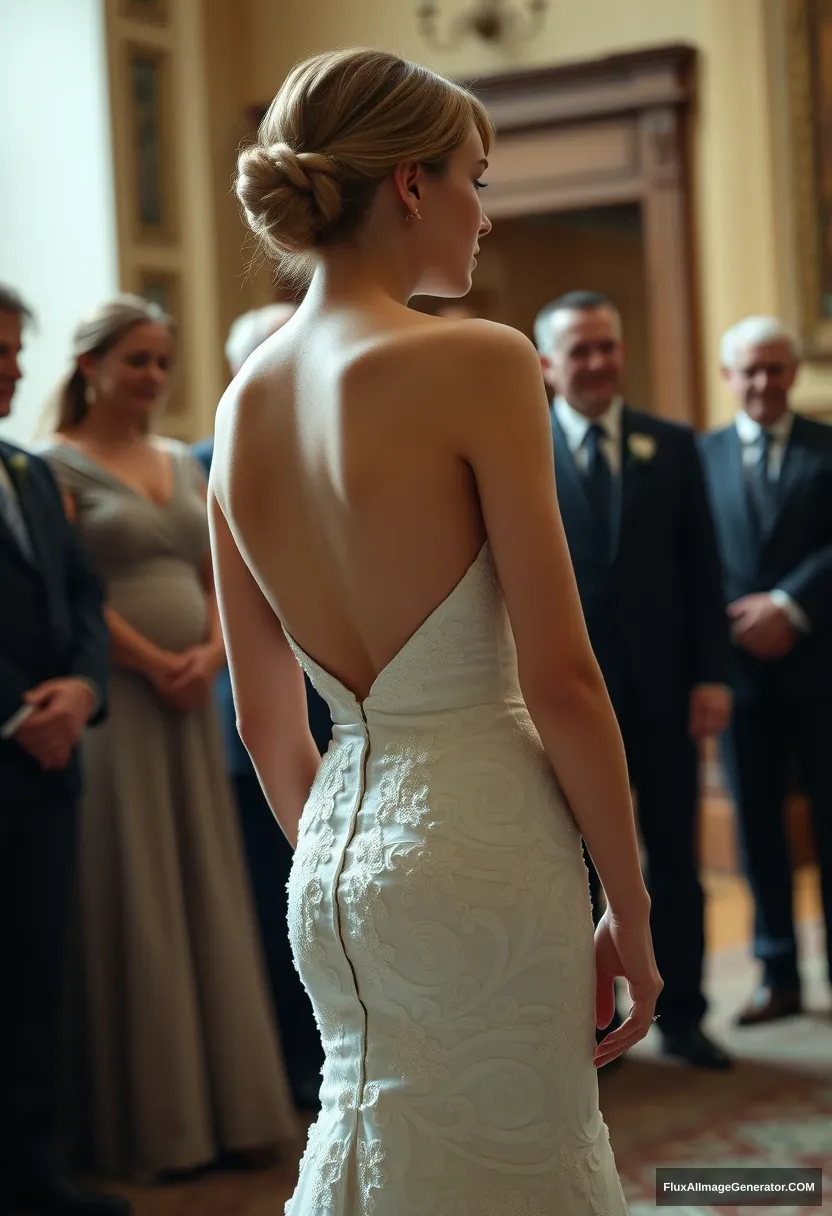 A short young woman, sensitive and delicate, wearing a backless, strapless, side-less, low-waisted contouring wedding dress with an open rear that seems like it was intentionally left undone. Submitting before the council of fathers. Expectations. Perfect posture. Pale skin.