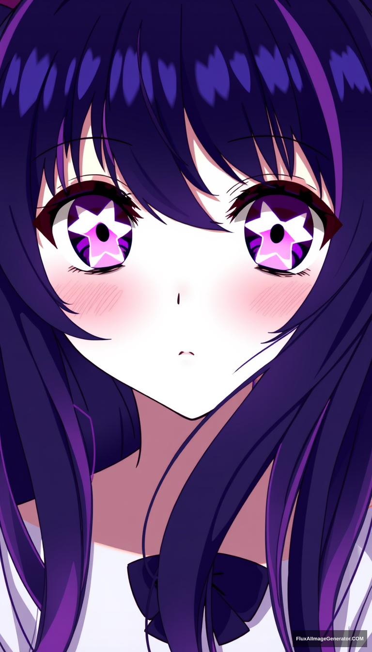 A beautiful young girl with dark purple and pink-colored eyes with shiny white six-star pupils. She has long indigo and purplish hair that reaches her waist and has bangs with pink streaks. Anime art style.