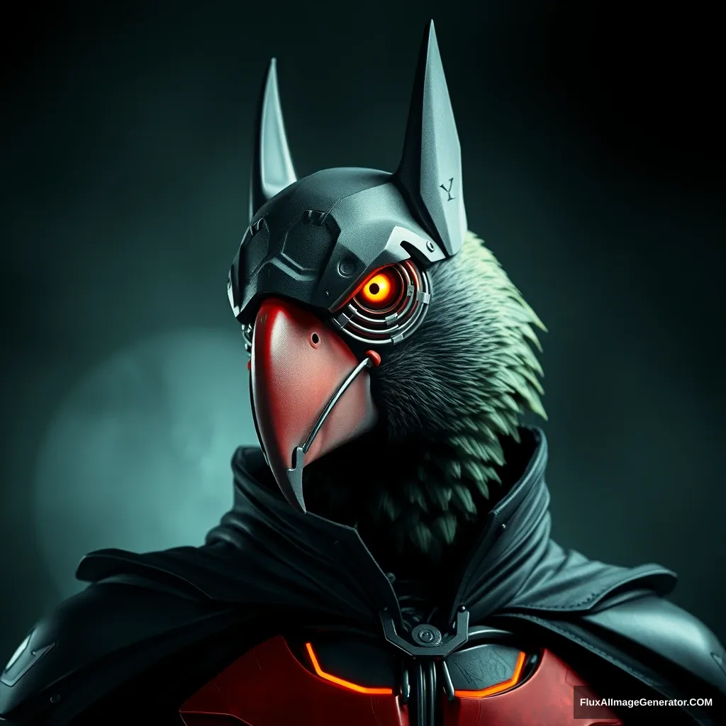 A dark and moody picture of cyborg parrot batman. - Image