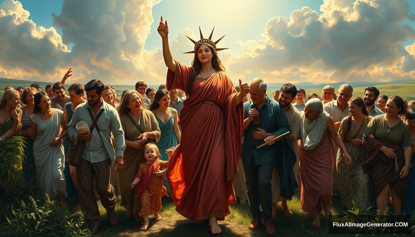 Renaissance oil painting style featuring a powerful and inspiring image depicting the concept of blockchain and decentralization. In the foreground, a goddess symbolizing blockchain and decentralization leads the people towards a bright future, reminiscent of the iconic painting 'Liberty Leading the People.' She is surrounded by families and individuals of predominantly European descent who are joyous and supportive, embracing and helping each other. The scene is vibrant and full of hope, capturing the essence of unity, progress, and decentralized, family-based agricultural production. Light shines from the front, illuminating the scene. - Image