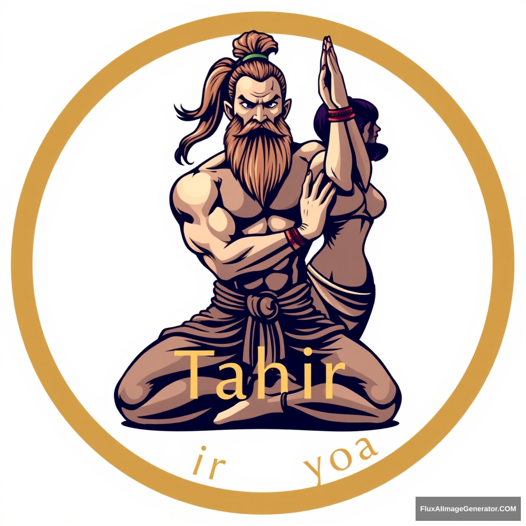 Typical yoga center round logo, but with a muscular, completely bold dwarf-warrior looking sexy and calm, with a beard, flirting with a woman by touching her arm in a yoga pose. The text on the logo says “Tahir yoga”. - Image