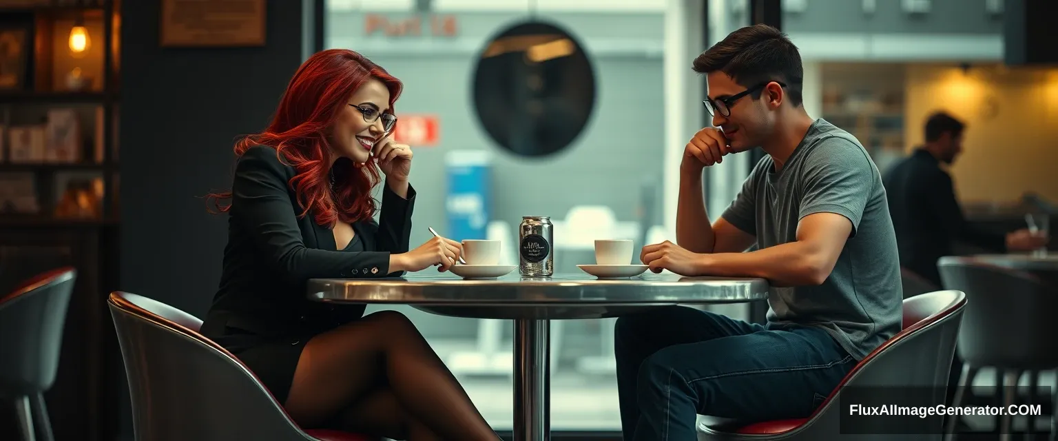 Cinematic Style. A woman and a man are sitting at a table in a bar, having coffee. The woman has red hair, with a devious grin on her face, wearing business attire, black pantyhose, and open-toe high heels. She looks at the man with superiority. The man is a 20-year-old, wearing glasses, jeans, and a T-shirt. The shot is from the side, from a distance, so that all their figures are shown. The woman is looking at the man. The table has one leg in the middle and is metallic. The woman and the man are sitting on opposite sides, facing each other. The man is looking down at the table. The woman is looking at the man. The woman has one leg extended forward. Cinematic. - Image