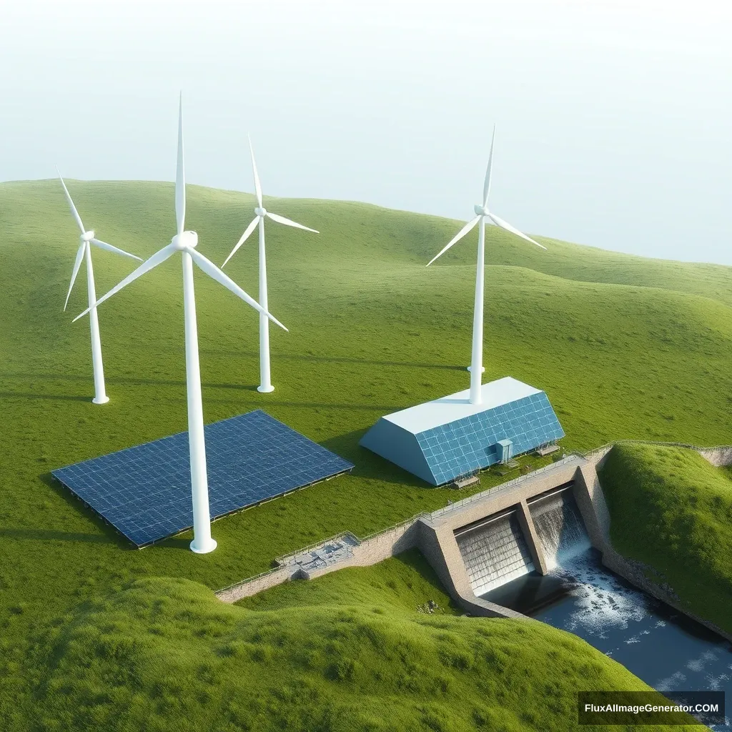 There are wind turbines, photovoltaic panels, and a hydropower station on the green grassland, with a realistic overall style. - Image