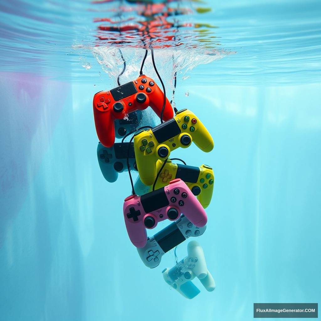 A cascade of colorful game controllers plunging into a serene watercolor pool, with some controllers partially submerged and others sinking, creating a vivid, flowing underwater scene. - Image