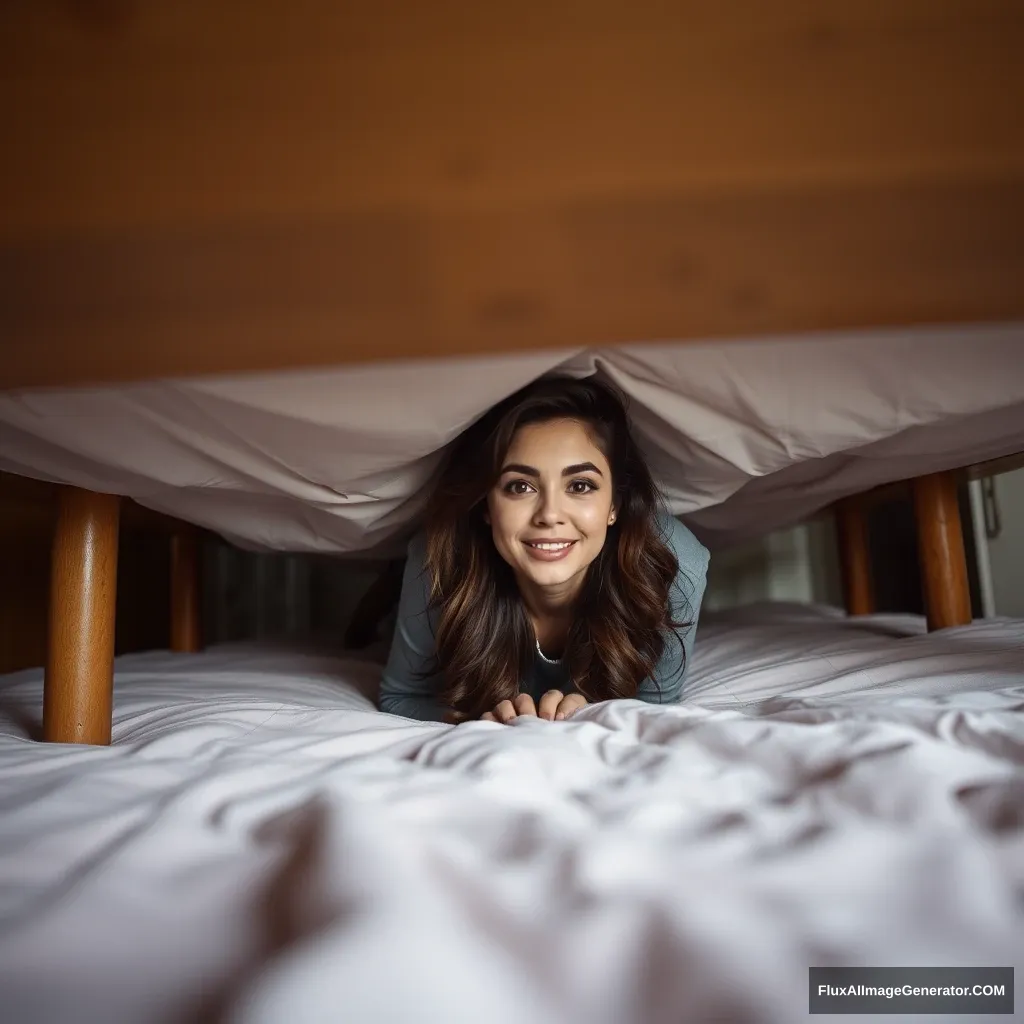 Woman stuck under the bed and wants help from behind. - Image