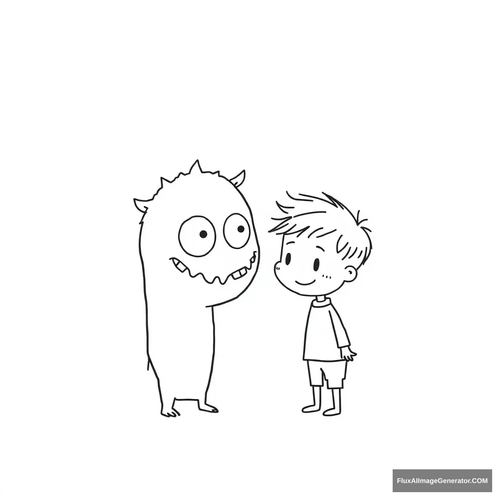 Simple line drawing  
Cute  
Monster and boy  
Head to head  
Thick lines  
Black and white  
Minimalist  
Sketch  
Cartoon style  
Outline