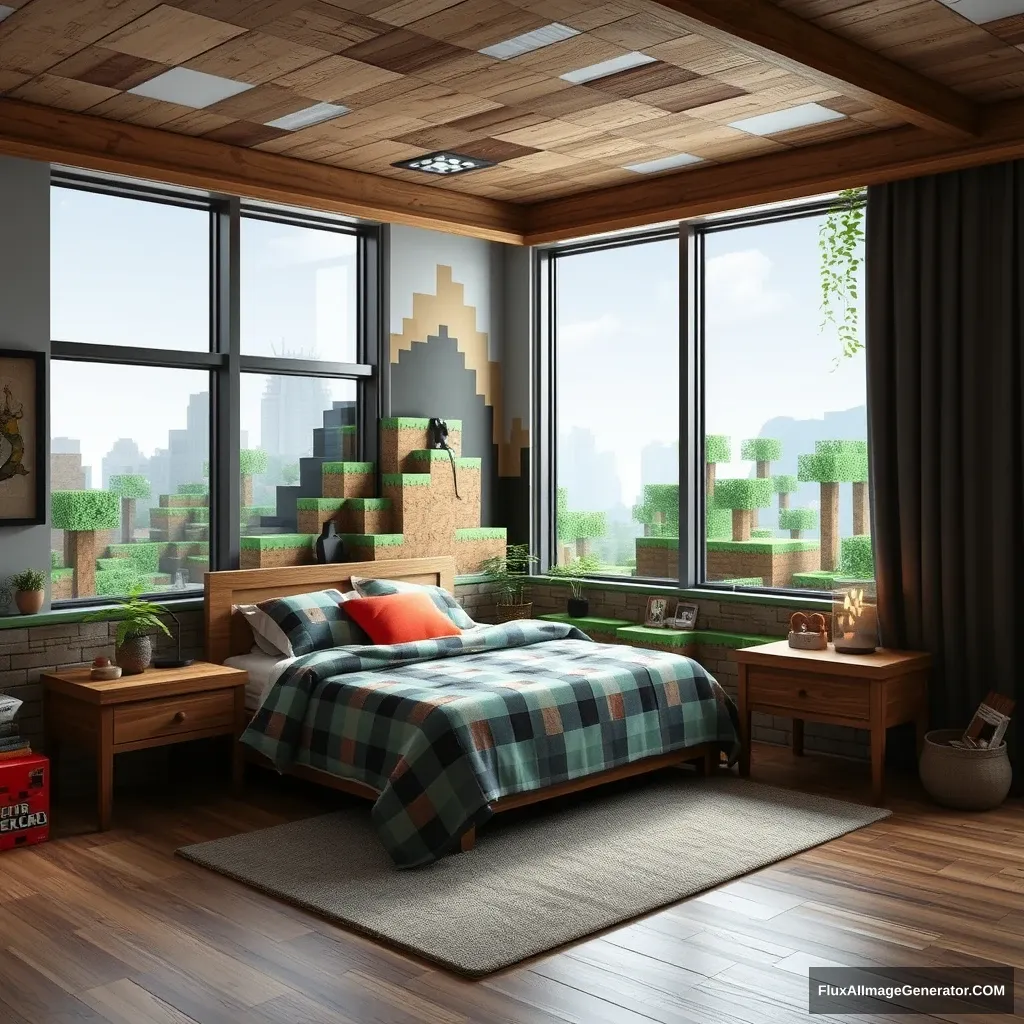 A real bedroom with Minecraft style - Image