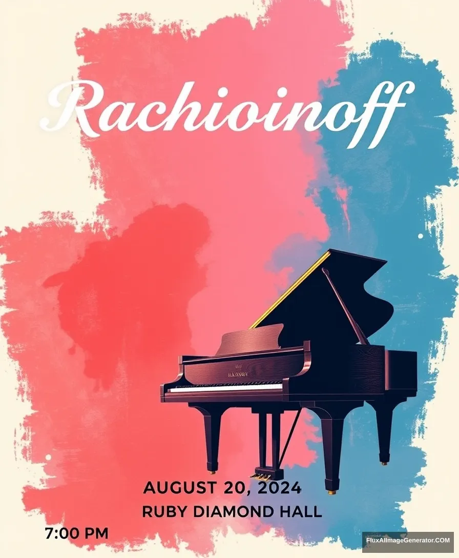 Title: “Rachmaninoff” displayed at the top center

Include the following texts on the bottom of the poster:
“August 20, 2024” 	
“7:00 PM” 	
“Ruby Diamond Hall” 	

Visual Elements: A grand piano centered at the bottom with minimal style, using vigorous colors.