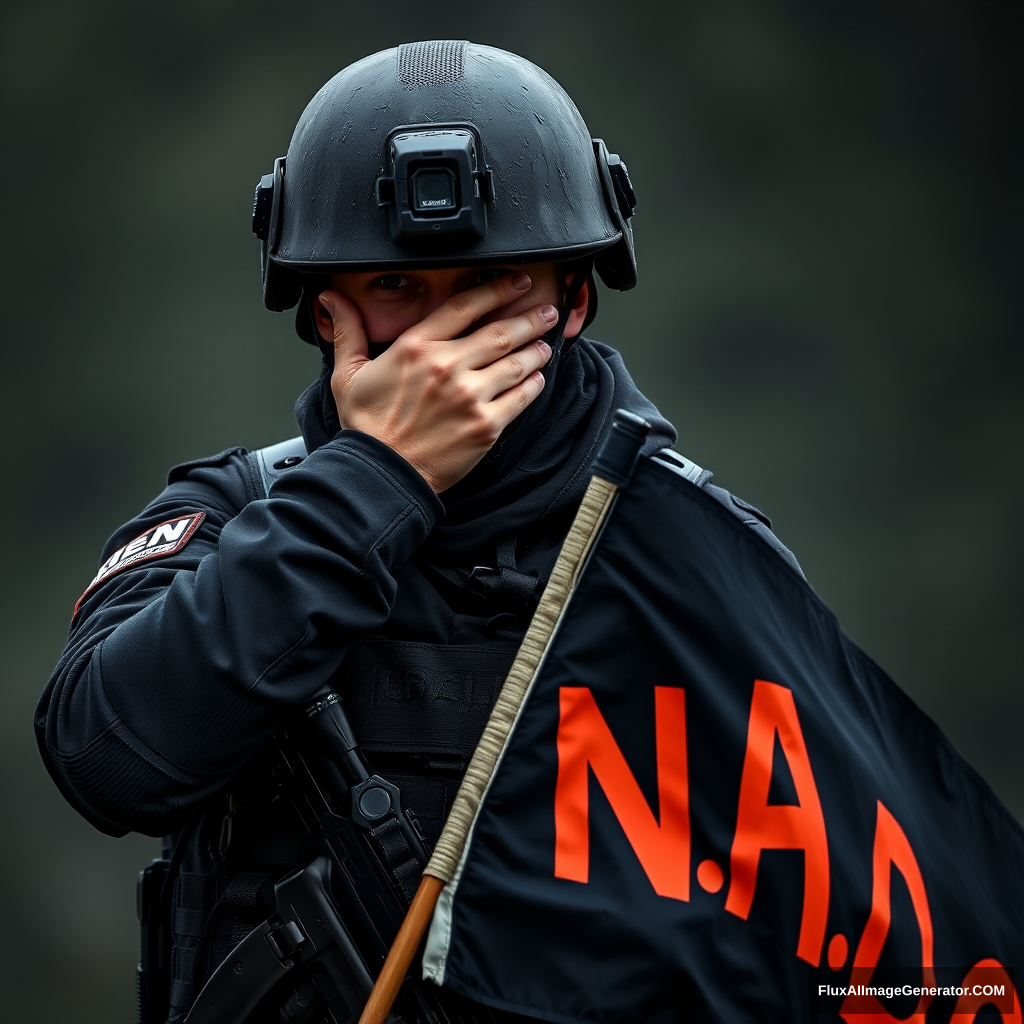 A soldier in dark gear covered his face with his hand in shame, holding a flag with the black and orange inscription "N.A.C.".