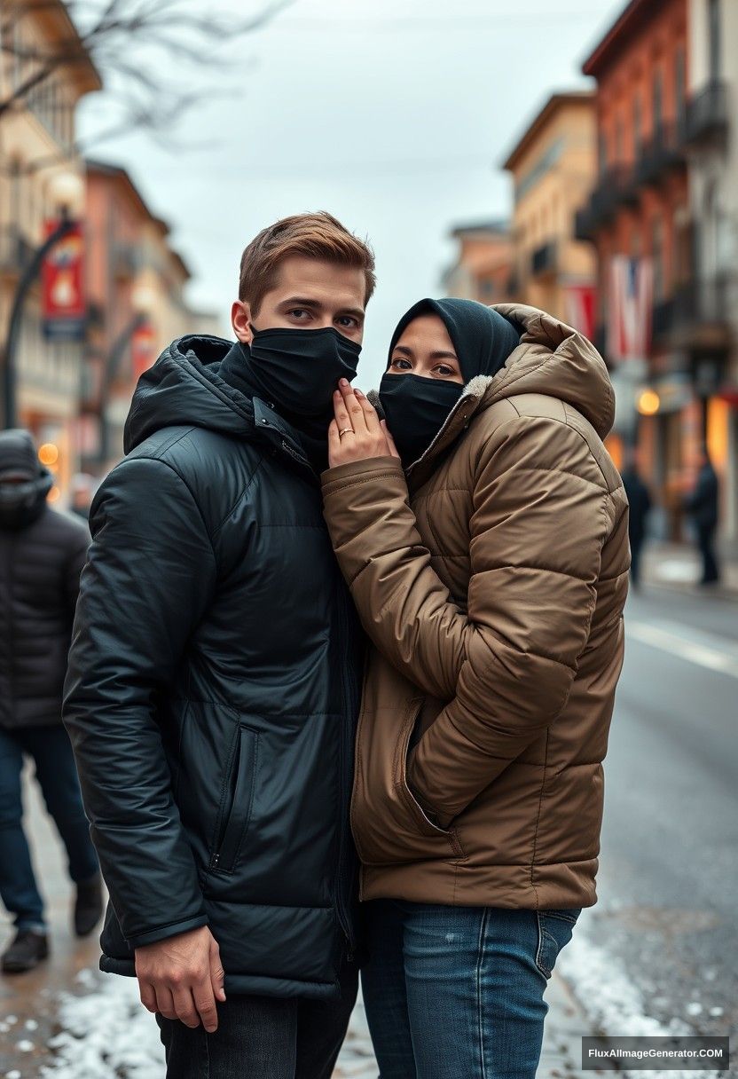 Jamie Dornan, handsome, young, black face mask, snow jacket, jeans, dating a beautiful, romantic, largest black hijab Muslim girl with beautiful eyes, black face mask, black leather jacket, winter scenery, standing together near the road in town, pinching each other's cheeks, photorealistic, street photography. - Image