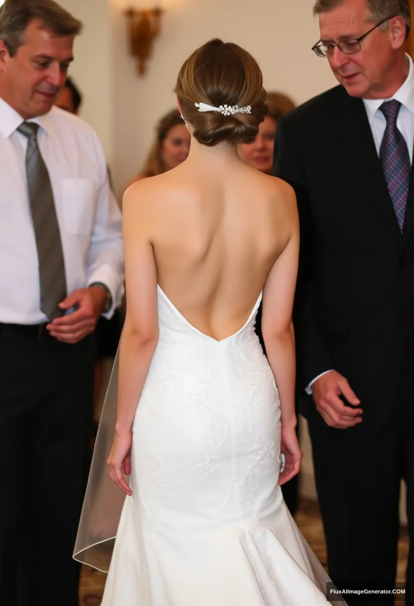 A petite young woman, sensitive, delicate, girly, backless strapless side-less low-waisted contouring wedding dress. Fawning obediently mingling with fathers. Expectations. Perfect posture. Pale skin. - Image