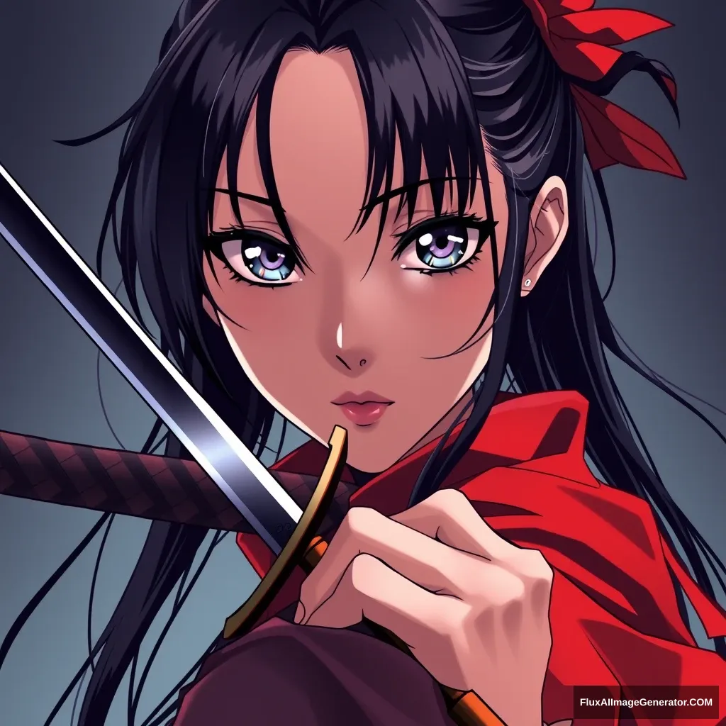 VERY BEAUTIFUL ANIME GIRL WITH PERFECT EYES. Anime style is important. Seinen style anime. Even more beautiful. Should look like an assassin with a gradient background. Holding one sharp sword.