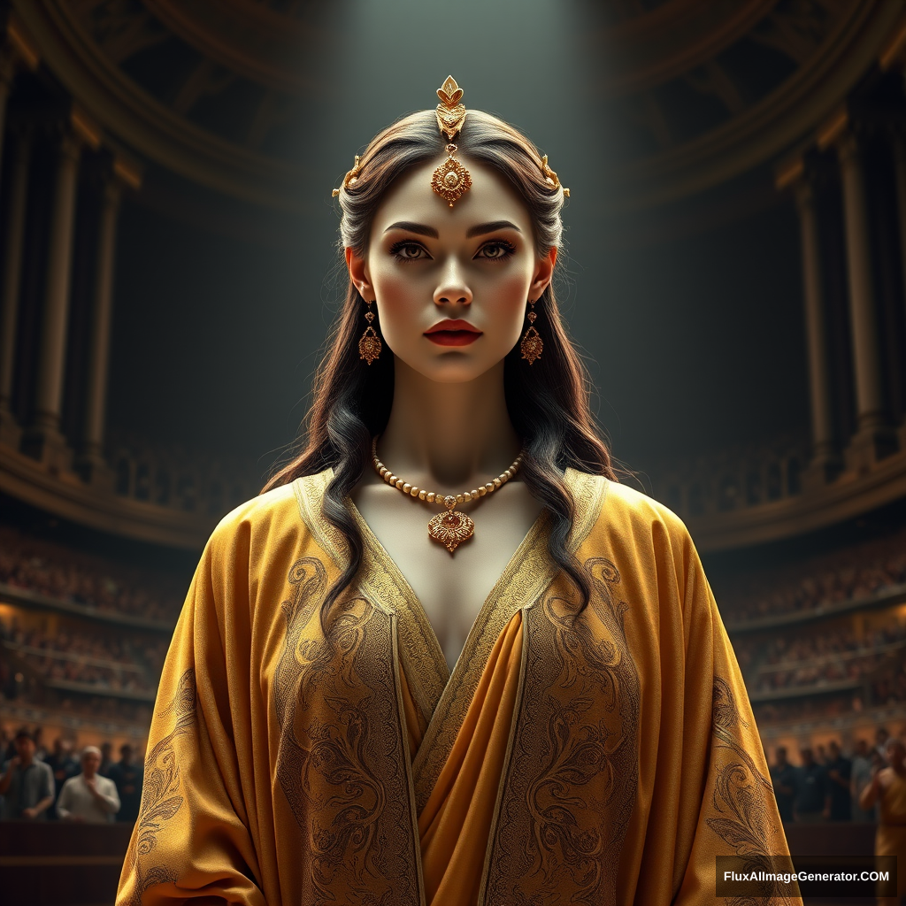 Generate an image of an ancient queen standing majestically in the center of a grand, dimly lit wrestling arena. The queen is a vision of breathtaking beauty and elegance, with a radiant aura that commands attention and respect. Her skin is a porcelain-like pale white, with a subtle sheen that hints at a life of luxury and pampering. 

She is adorned in a magnificent ensemble of long, flowing royal robes that cascade down her body like a river of gold. The robes are intricately embroidered with delicate patterns and symbols that reflect her status as a powerful and revered monarch. The fabric is rich and sumptuous, with a subtle texture that catches the light and shimmers like silk. 

The queen's facial expression is one of calm confidence and strength, with a hint of fierce determination in her eyes. Her features are finely chiseled, with high cheekbones, a small nose, and full lips that curve into a subtle, enigmatic smile. Her eyes are a deep, piercing brown that seem to bore into the soul, as if daring anyone to challenge her authority. 

Her hair is long and luscious, with a rich, dark brown color that falls in loose waves down her back. It is adorned with delicate golden ornaments and jewels that glint and sparkle in the dim light of the arena. 

The background of the image is a grand, ancient-style wrestling arena, with towering stone columns and intricately carved stone walls. The air is thick with the scent of sweat and sandalwood, and the atmosphere is electric with anticipation. The crowd is a distant murmur, a sea of faces that blur together in a haze of excitement and expectation. 

The lighting in the image is dramatic and moody, with deep shadows and pools of golden light that highlight the queen's majestic presence. The overall mood is one of awe and reverence, as if the viewer is gazing upon a goddess or a legendary heroine. 

In terms of style, the image should be rendered in a highly detailed and realistic manner, with a focus on capturing the intricate textures and patterns of the queen's robes and the ancient stone walls of the arena. The color palette should be rich and muted, with a focus on earthy tones and subtle golden accents. The overall effect should be one of breathtaking beauty and majesty, as if the viewer is gazing upon a living, breathing work of art.