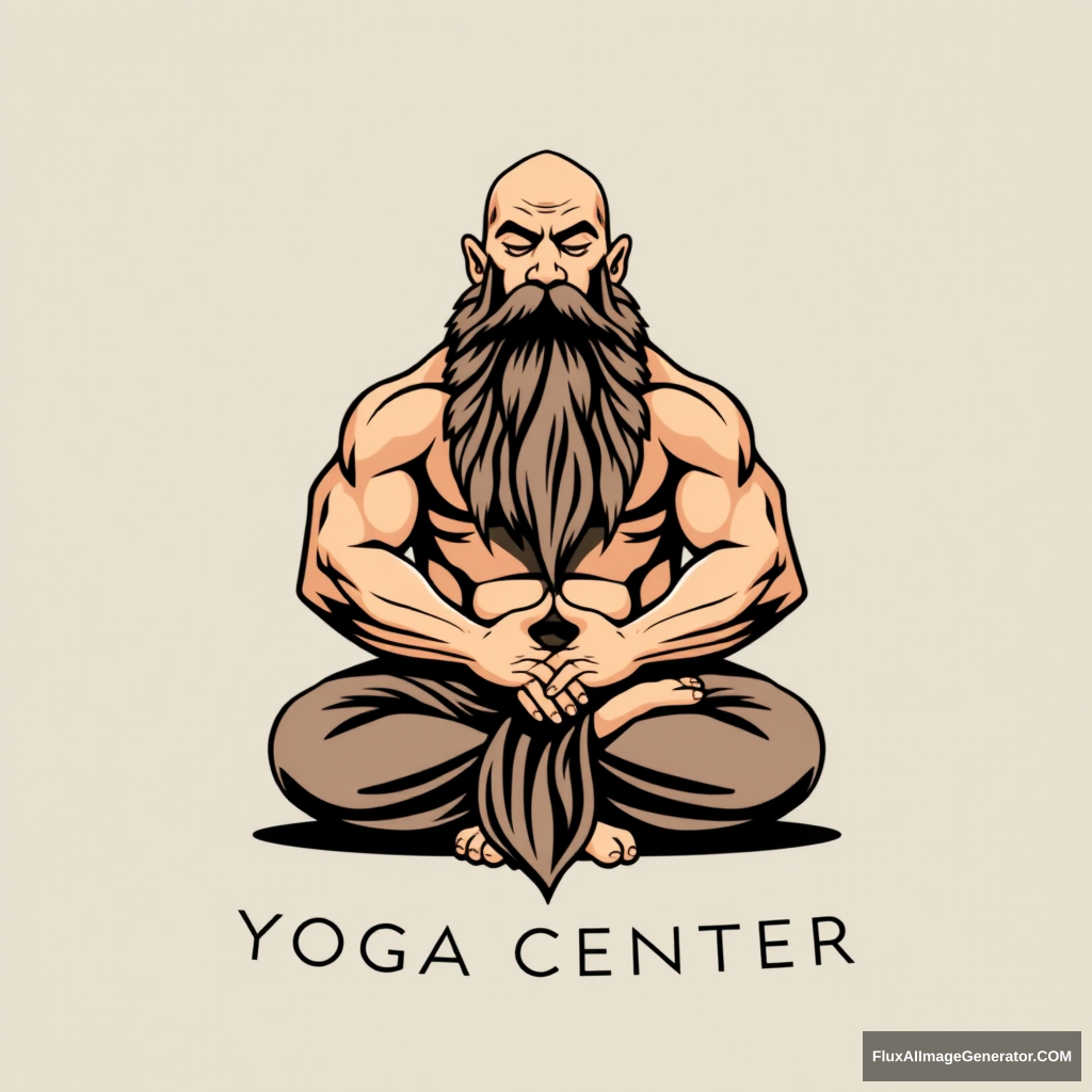 Yoga Center logo: a muscular large bald dwarf in the lotus position with a long beard.