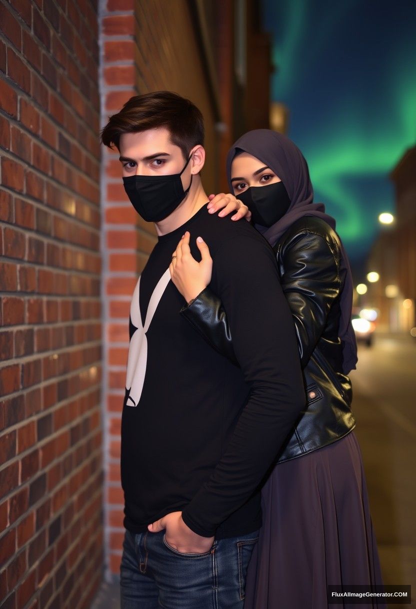 Jamie Dornan, tall, young, wearing a black face mask, a black long-sleeve playboy t-shirt, and jeans, 

dating a romantic hijab-wearing Muslim girl with beautiful eyes and a black face mask, dressed in a leather jacket and the longest, biggest skirt, not a tall girl, 

laying on his shoulder, hugging him from behind, flirting with him, supporting his back, near a brick wall, in town, photorealistic, street photography, night scenery, aurora borealis. - Image