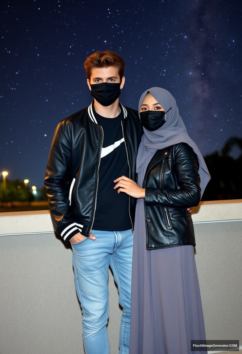 Jamie Dornan, youngest, black face mask, collage jacket, Nike t-shirt, jeans, tall man, fit body,

Dating, love with the biggest grey hijab Muslim girl, beautiful eyes, black face mask, leather jacket, biggest longest skirt, cute short girl,

standing by a wall, night scenery, Milky Way, hyper-realistic, photorealistic, street photography.