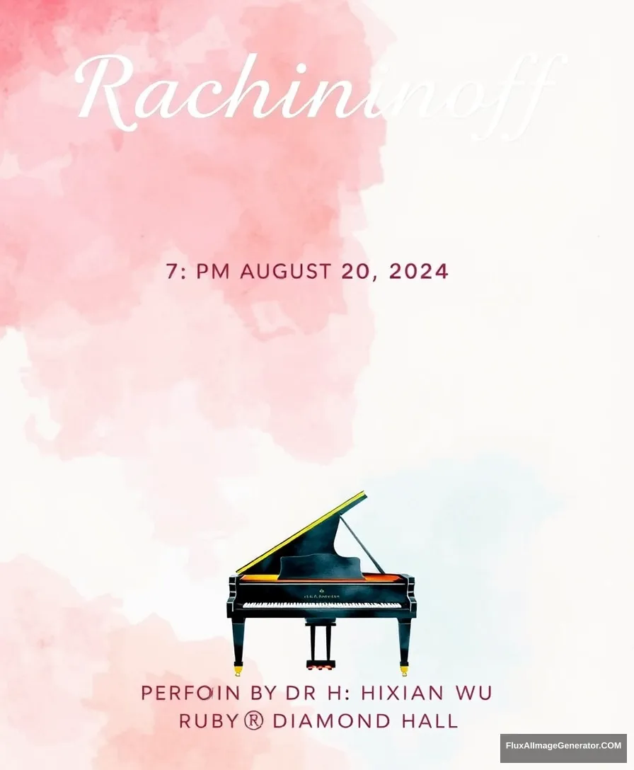 Title: "Rachmaninoff" displayed at the top center

include the following texts line by line on the bottom of the poster:
“7:00 PM August 20, 2024”
“Performed by Dr. Huixian Wu”
“Ruby Diamond Hall”

Visual Elements: A grand piano centered at the bottom with minimal vigorous colors watercolor style. - Image