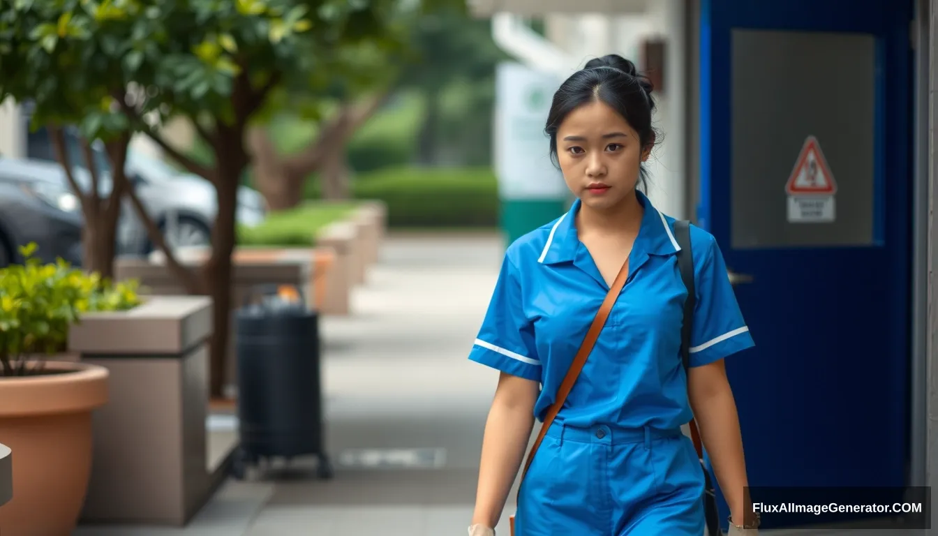 A beautiful young woman in Jakarta, 27 years old, a cleaning service in a bright blue uniform, walks with deep sadness leaving the hospital, outdoors. - Image