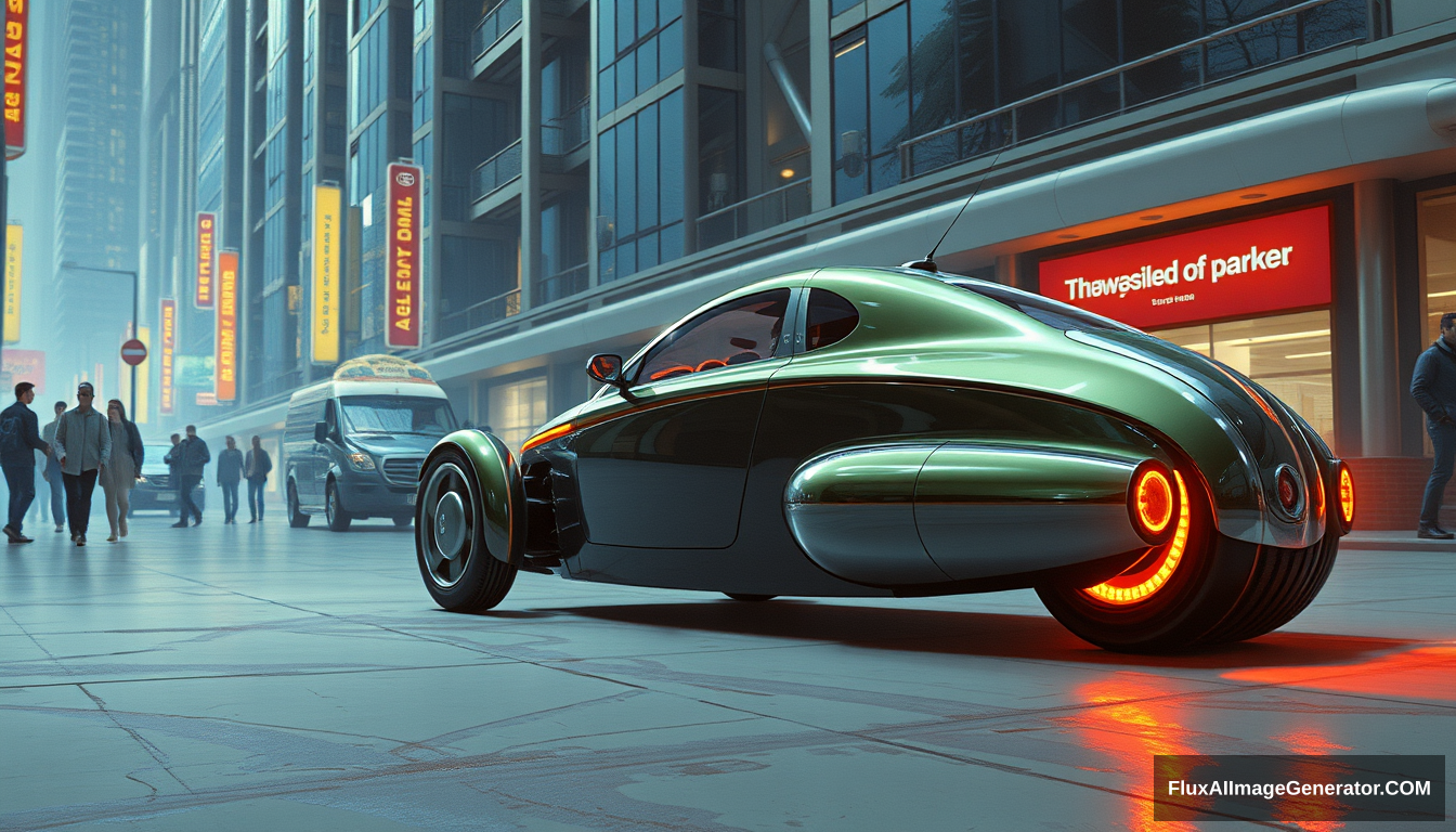 3/4 shot, a three-wheeled car having (exactly 1 rear wheel), as painted by Syd Mead, future city setting, 4k. - Image