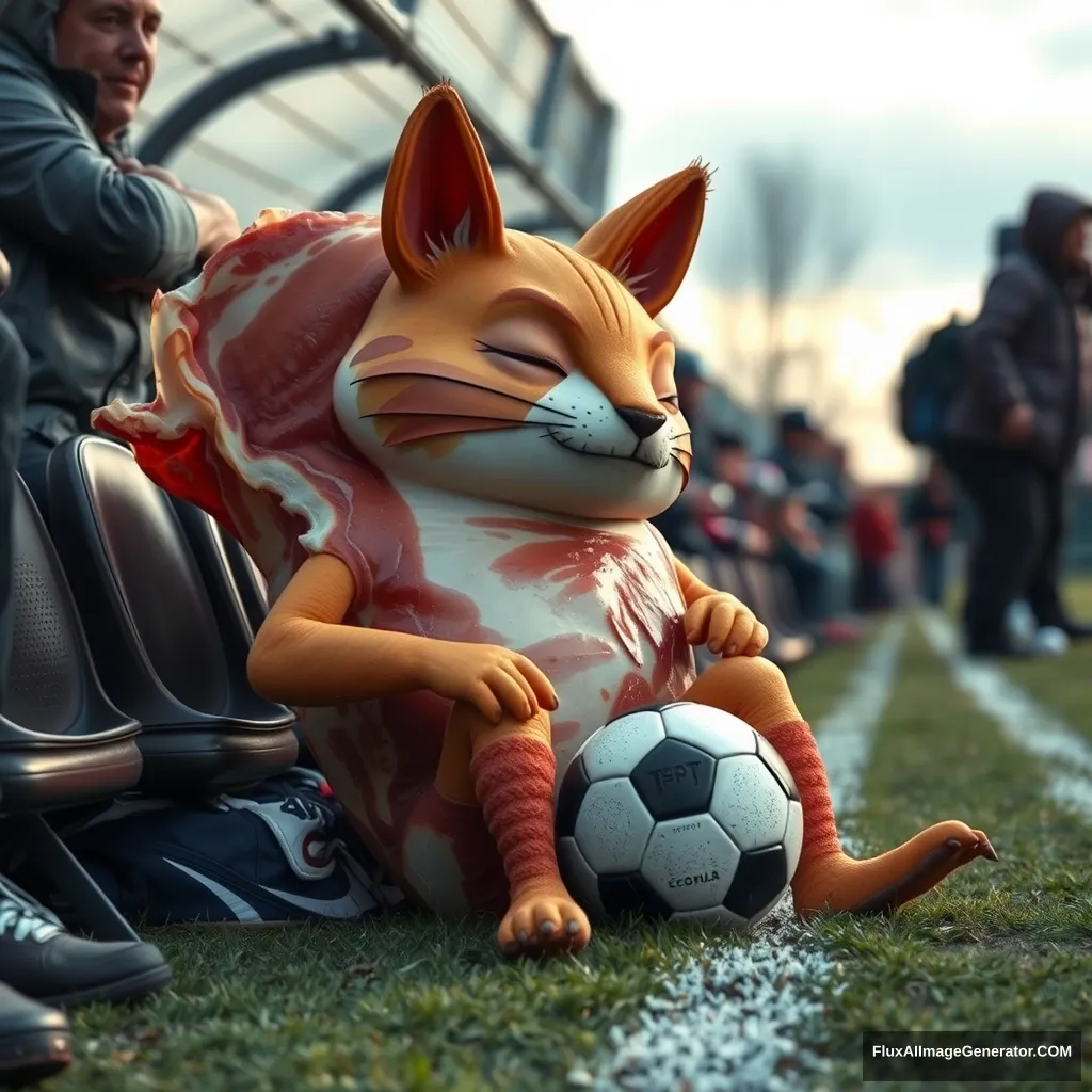 An anthropomorphic piece of pancetta resting on the sidelines after playing soccer. - Image