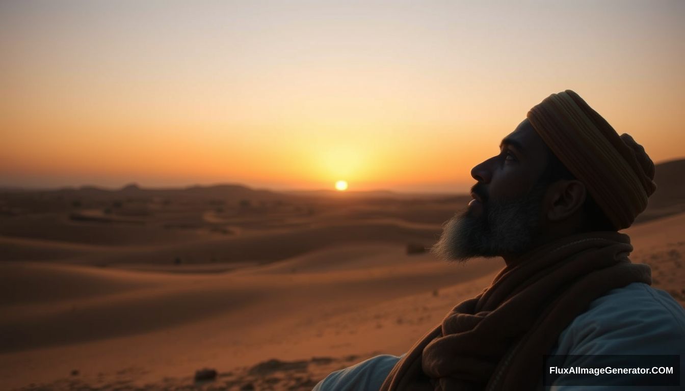 Tamim ad-Dari in deep thought and prayer, reflecting on his journey from a non-Muslim to a devout follower of Islam. The background is a serene desert landscape at sunset. Ultra HD, realistic, spiritual, with warm and cinematic lighting. - Image