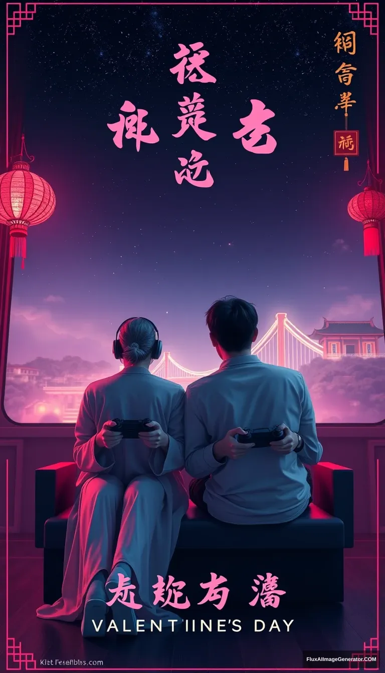 A romantic esports-themed poster for Chinese Valentine's Day (Qixi Festival), featuring a couple sitting side by side in an immersive gaming room with soft neon lights. They are holding gaming controllers, with a starry sky and traditional Chinese elements like the magpie bridge subtly integrated in the background. - Image