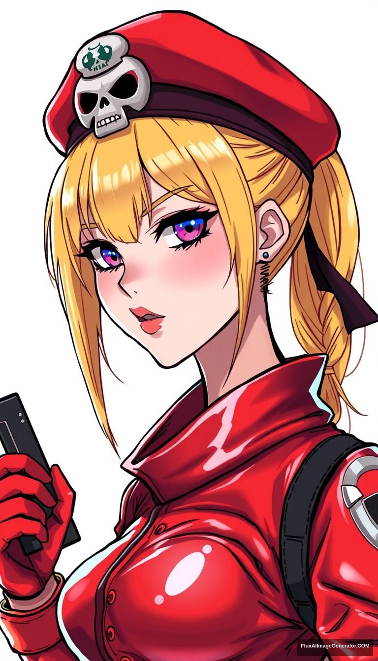 female, Feel like a villain, anime style, super glamorous space female pirate wearing a beret with skull decoration on head, Clothes made of shiny vinyl, red spacesuit, Ponytail Hairstyles, The background is a simple white color, gold hair color.