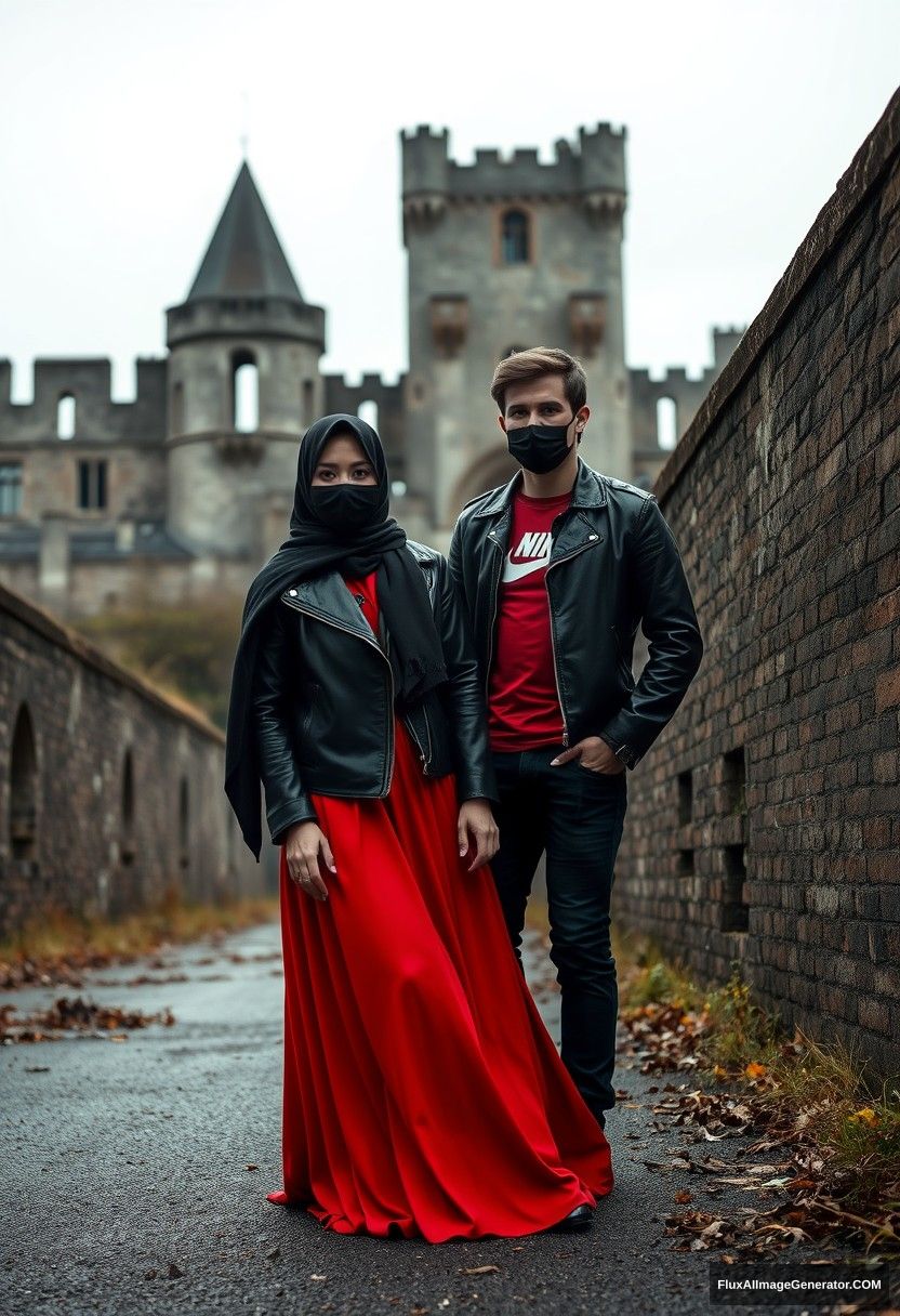 A biggest black hijab girl, beautiful eyes, face mask black, black leather jacket, biggest red longest dress, untall,

Jamie Dornan, handsome, face mask black, fit and tough body, Nike red t-shirt, black leather jacket, jeans, tall man,

standing near wall together, 
Hyper realistic, photorealistic, street photography, Victoria's abandoned castle, gloomy, darkness.