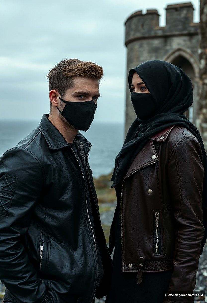 Jamie Dornan's head and body shot, handsome, youngest, face mask black, black leather jacket, jeans, dating, love with the biggest black hijab Muslim girl, not tall, beautiful eyes, face mask, maroon leather jacket, biggest black skirt, leaning on his shoulder, hyper realistic, studio photography, full body photo, exploring at an abandoned castle, at sea, gloomy scenery.