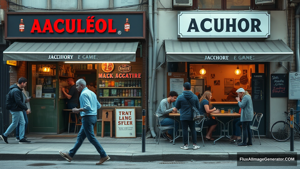 Real-life photography: There are two small shops selling alcohol, with tables and chairs set up outside, where many young men and women are drinking and chatting. A zombie walks by. - Image