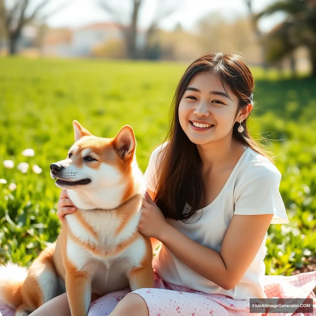 An Asian girl and a baby Shiba Inu are sitting in the garden basking in the sun. The spring sunshine shines on her, and behind her is a green field. Master shot, fresh, realistic, Tyndall.