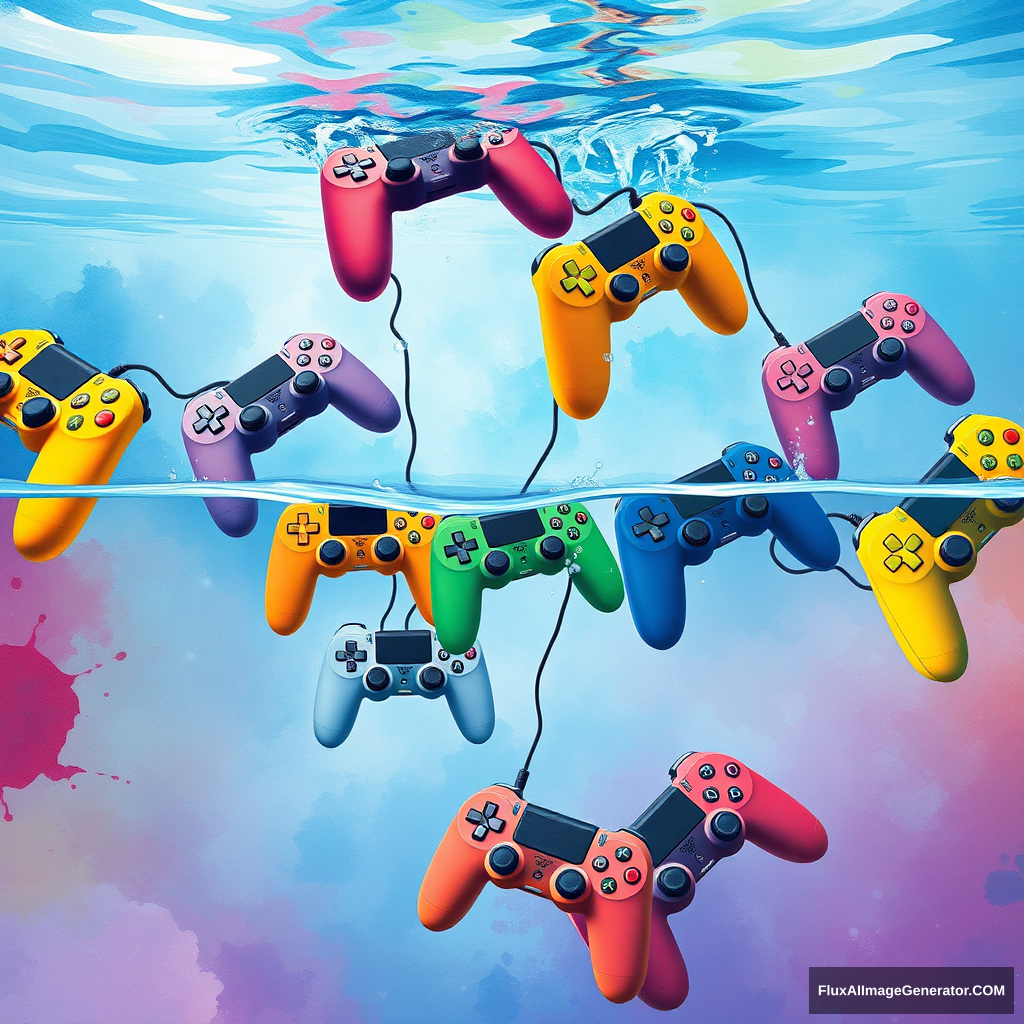 A cascade of colorful game controllers plunging into a serene watercolor pool, with some controllers partially submerged and others sinking, creating a vivid, flowing underwater scene, illustration. - Image