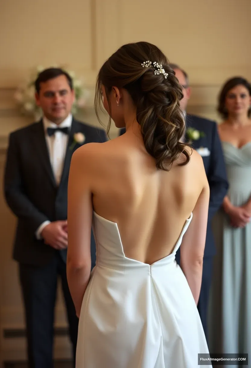 A young woman, sensitive, delicate, ashamed, backless strapless small-waisted wedding dress, in front of patriarchy.