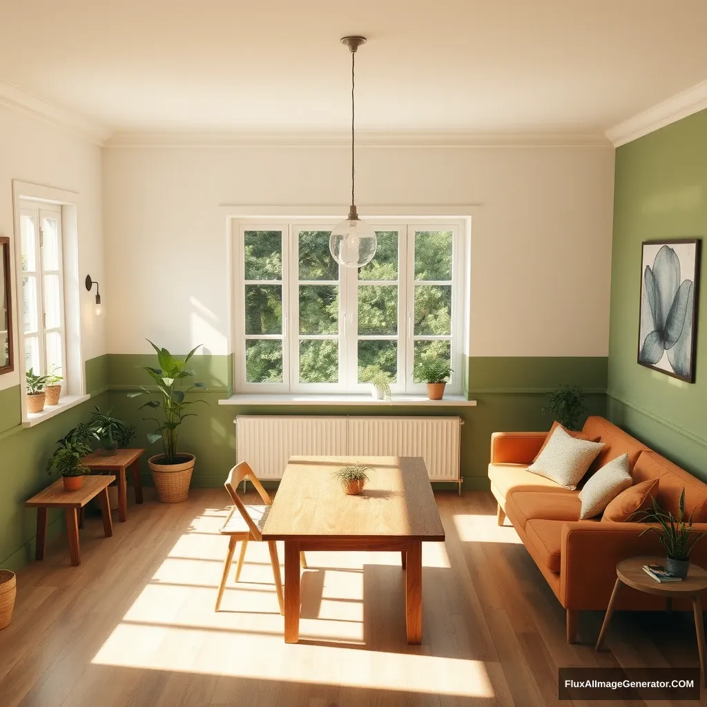 A cozy room, with one large window in the middle. It is sunny, but the light is not blinding. The room has a wooden eating table towards the window. The paint on the wall is both eggshell white and green with a horizontal line dividing them, the green at the bottom. There is a sofa with a small sofa table, and some plants and light bulbs, to make it cozy. The window is very big, 1.5x1.5 meters. The wood on the tables is the same, and the color of the sofa is a shade of orange. Show it from a bird's-eye view. - Image