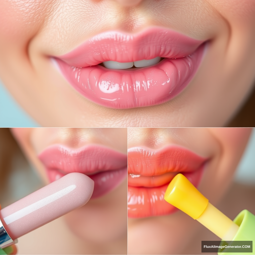 A close-up picture of a woman's lips with pastel color lip gloss. Photos of lip gloss commercials. 4-cut split photo. Place lip photos with lip gloss of different colors for each cut. - Image