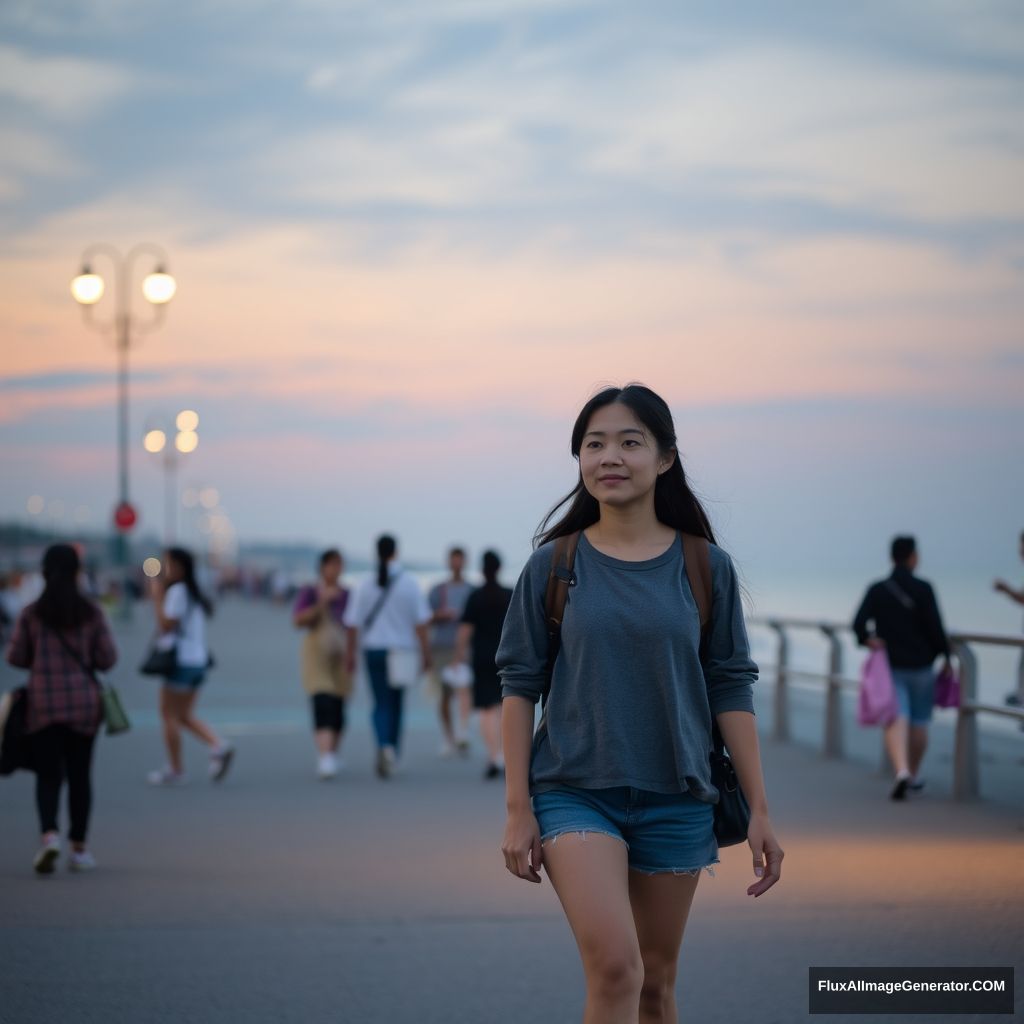 The female student walking by the seaside, beach, Chinese people, street, young girl, dusk, streetlights. - Image