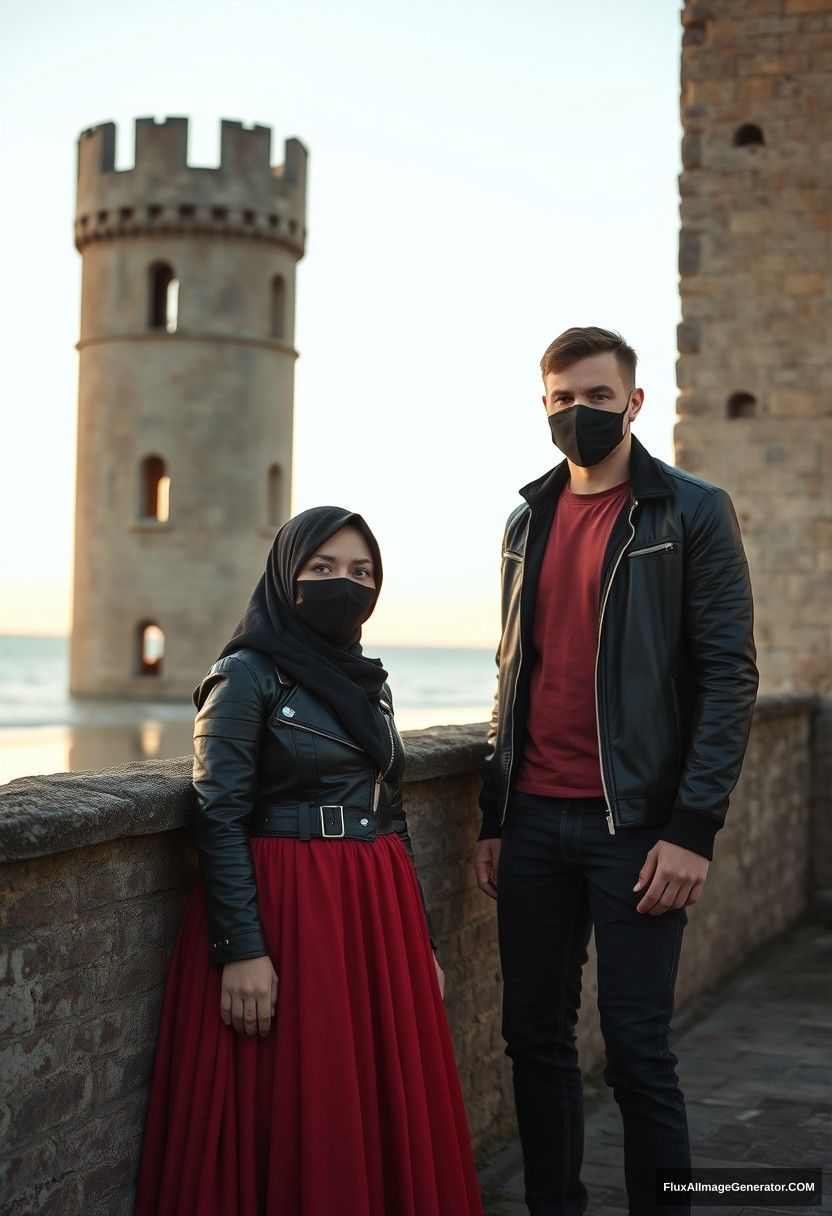 A biggest black hijab girl, beautiful eyes, face mask black, black leather jacket, biggest red longest dress, not tall,

Jamie Dornan, handsome, face mask black, fit and tough body, metal red t-shirt, black leather jacket, jeans, tall man, 

standing near wall together, 
Hyper realistic, photorealistic, street photography, Victoria's abandoned castle, near beach, sunrise. - Image