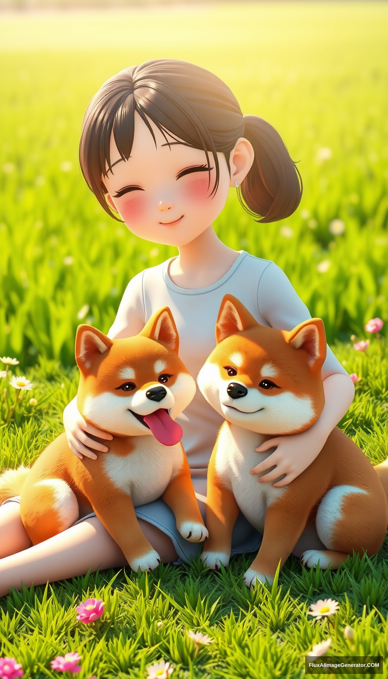 A young Asian girl and a baby Shiba Inu are sitting in the garden basking in the sun, with the spring sunlight shining on her, and behind them is a green field. 3D