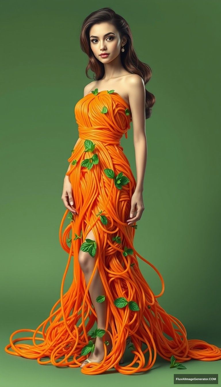 A Disney-style photo of a fashion model stands gracefully against a muted green background, wearing a striking dress made entirely of vibrant orange spaghetti noodles. The dress is intricately designed, with the noodles cascading and twisting around her figure, creating a unique and artistic silhouette. Delicate green mint leaves are scattered throughout the dress, adding a pop of color and a fresh touch. The model has long, wavy hair styled elegantly, and her expression is serene and confident. The lighting is soft, enhancing the textures of the noodles and the overall whimsical vibe of the outfit. - Image