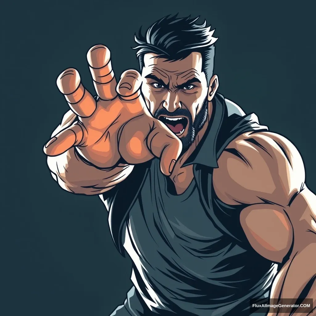 Cel shaded art, a strong man is trying to grab something, hand open. - Image