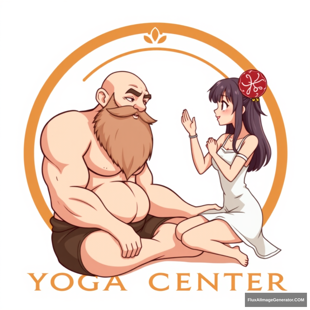 Yoga Center logo: a muscular large bald dwarf with a beard in the lotus position flirts with an anime girl.