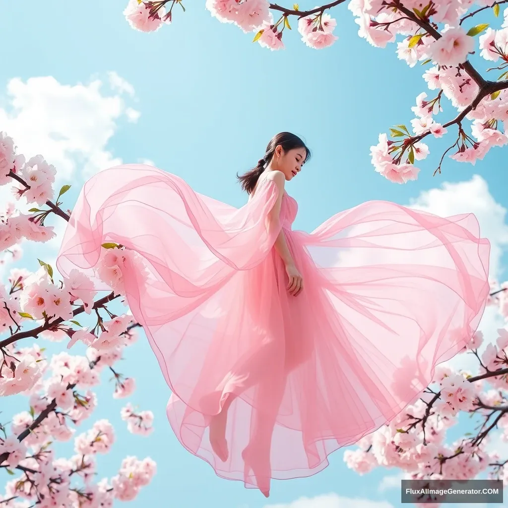 A girl wearing a transparent pink chiffon dress, in a cherry circle, with blue sky and white clouds, a solid color background, Picas style, 3D rendering, natural light, high-definition picture quality, 8K, -- niji 6