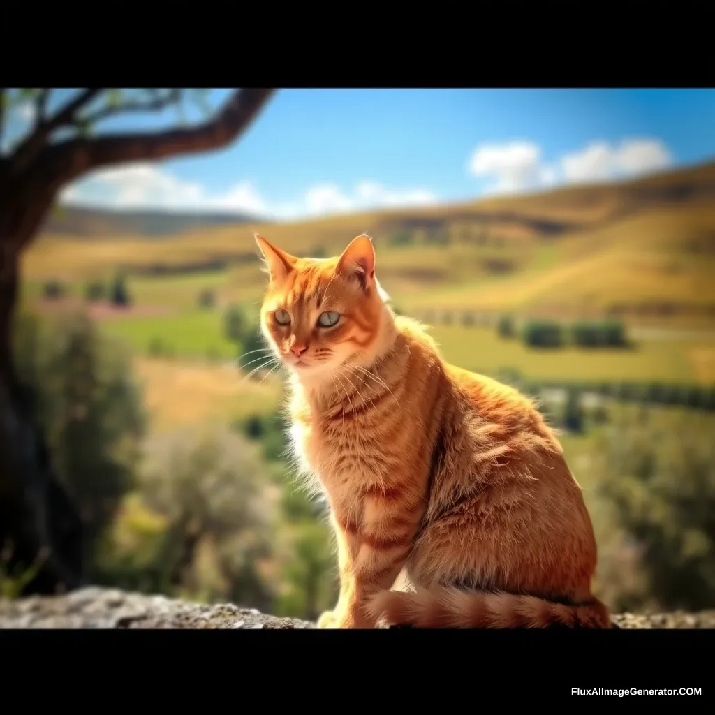 A landscape with an orange-furred cat sitting and basking in the sunlight.