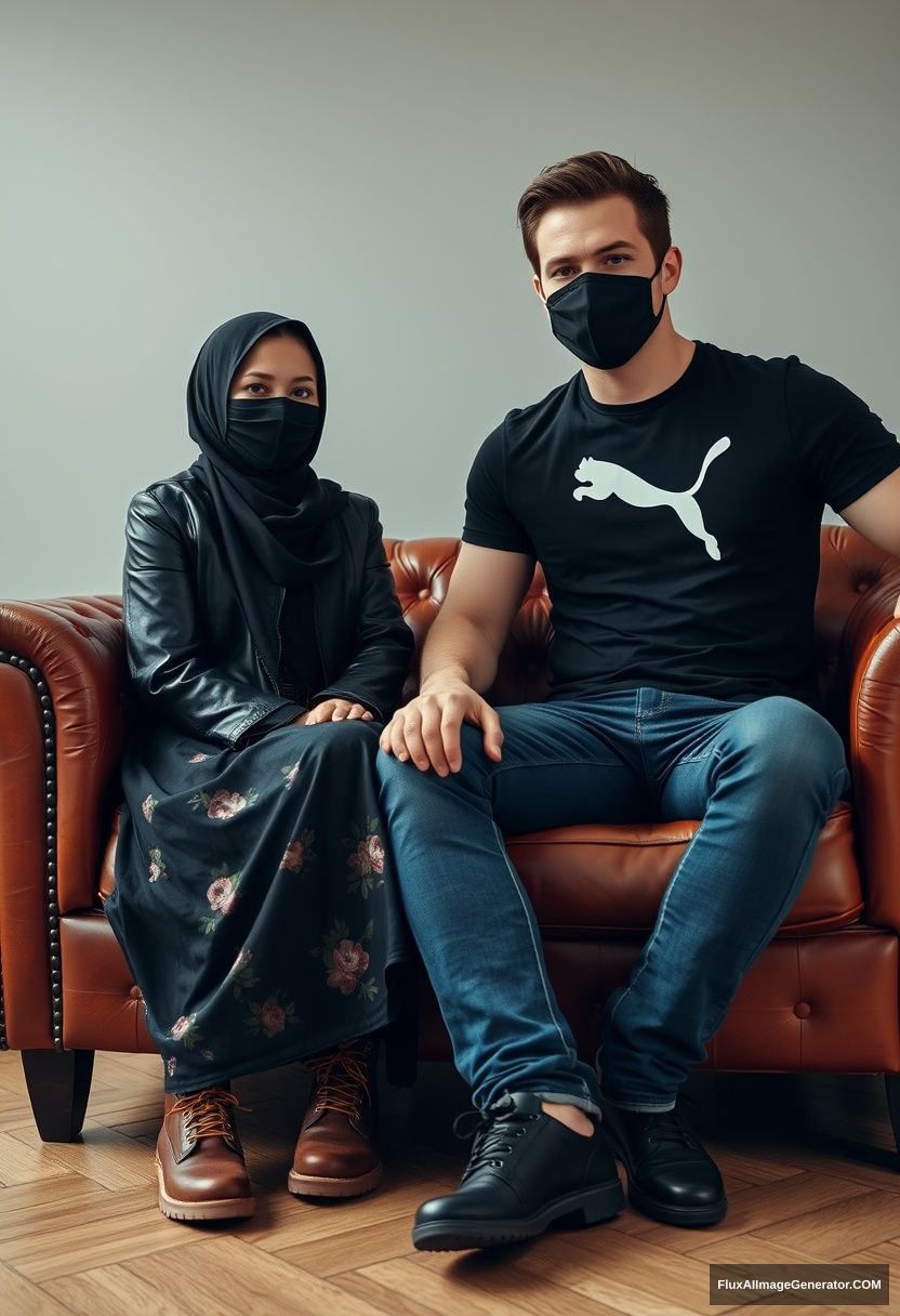 A biggest black hijab girl, slim girl, beautiful eyes, face mask black, black leather jacket, biggest floral long dress, timberland boots, sitting on leather single wing sofa,

Jamie Dornan, youngest, puma black t-shirt, jeans, black leather sneakers, tall man, face mask black, fit body, sitting near her,

hyper realistic, studio photography.